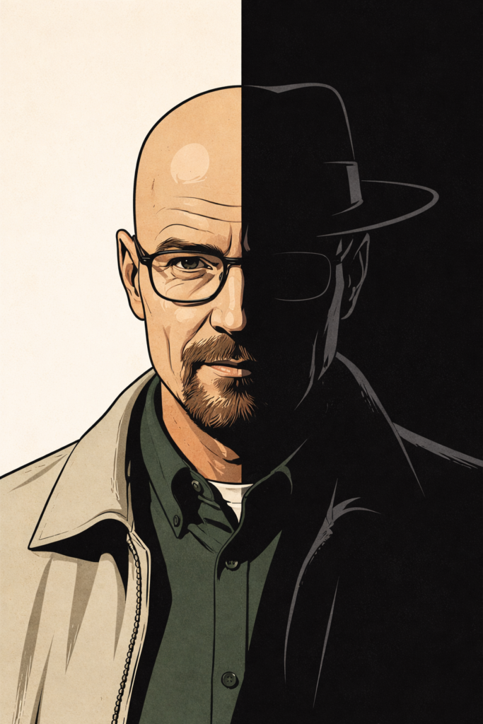 Ilustración de Walter White / Heisenberg (Breaking Bad), mitad luz y mitad sombra