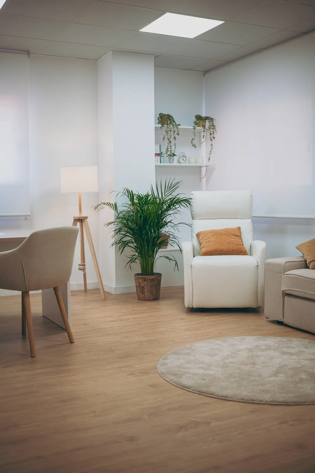 Sala de terapia de la consulta de psicología en Cartagena: sillón, sofá y luz cálida